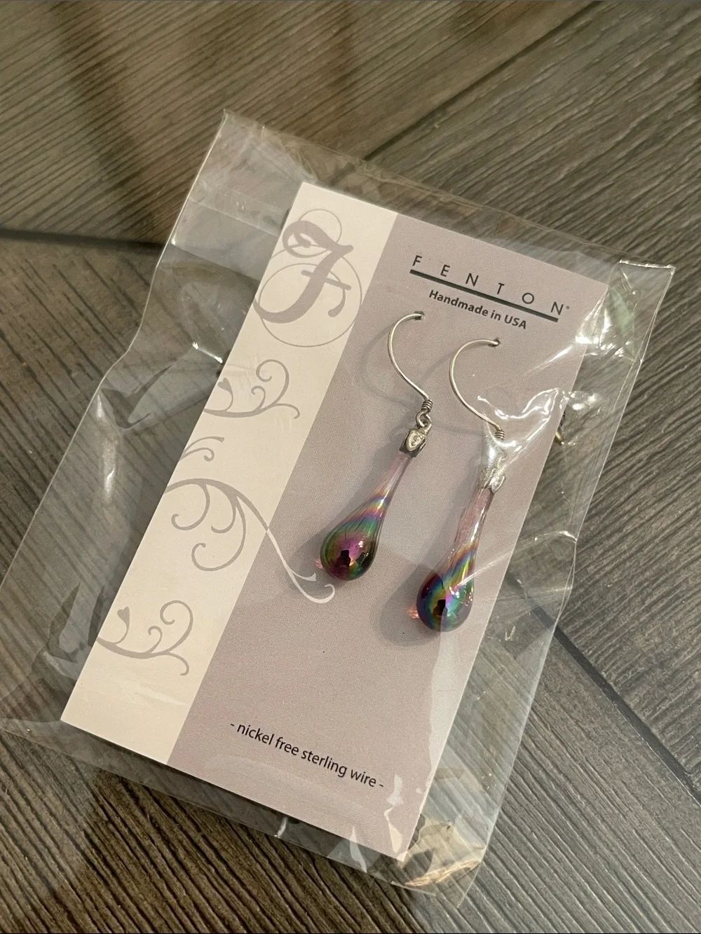 FENTON Carnival Art Glass Tear Drop Earrings Iridescent .925 Sterling Wire NWT
